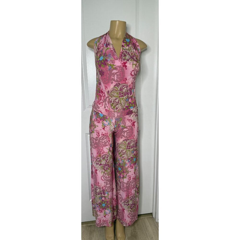 Vintage Ellen & Erin Pink Floral Halter Jumpsuit With Wide-Leg Design Open Back